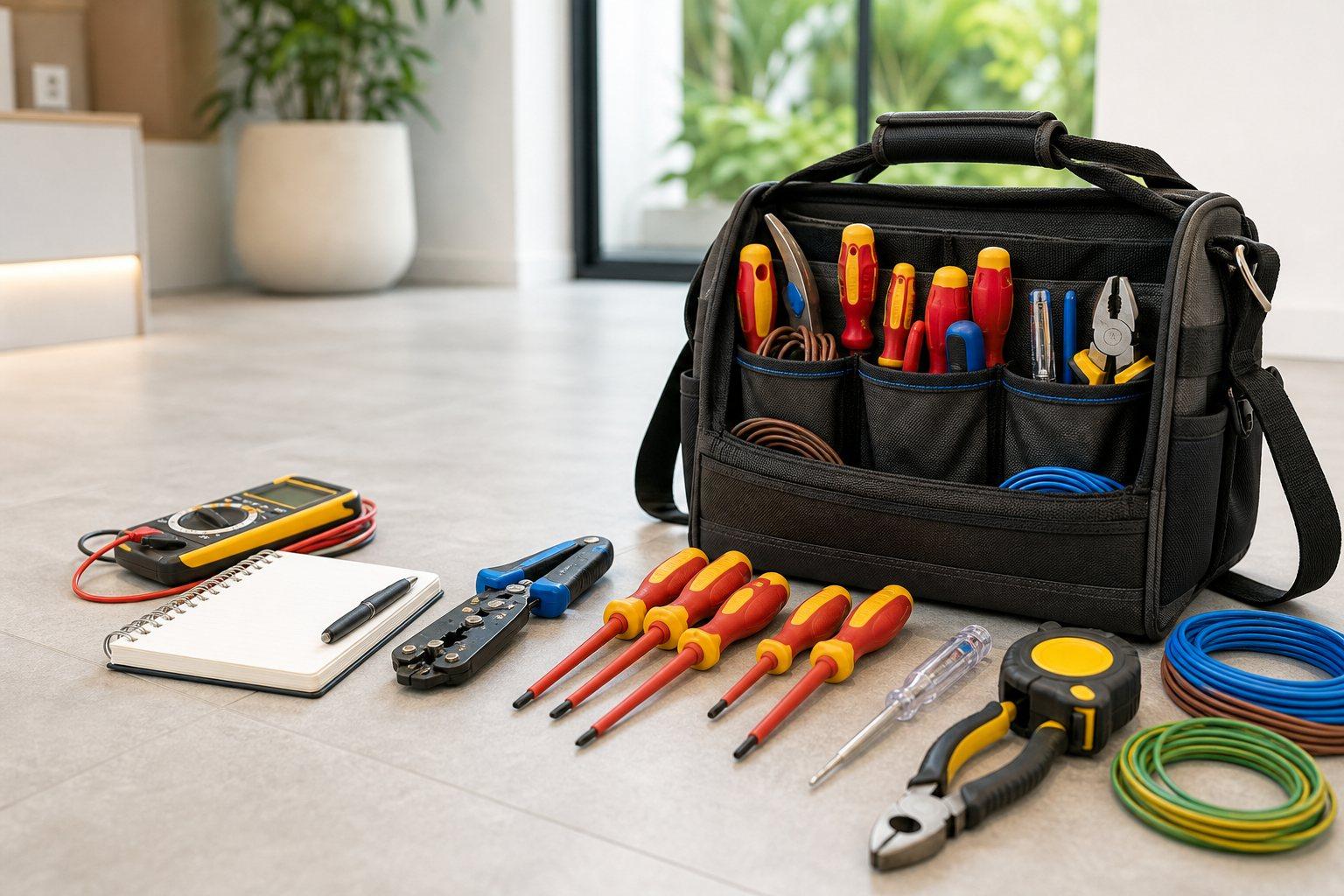Electrician toolkit arranged for electrical repairs