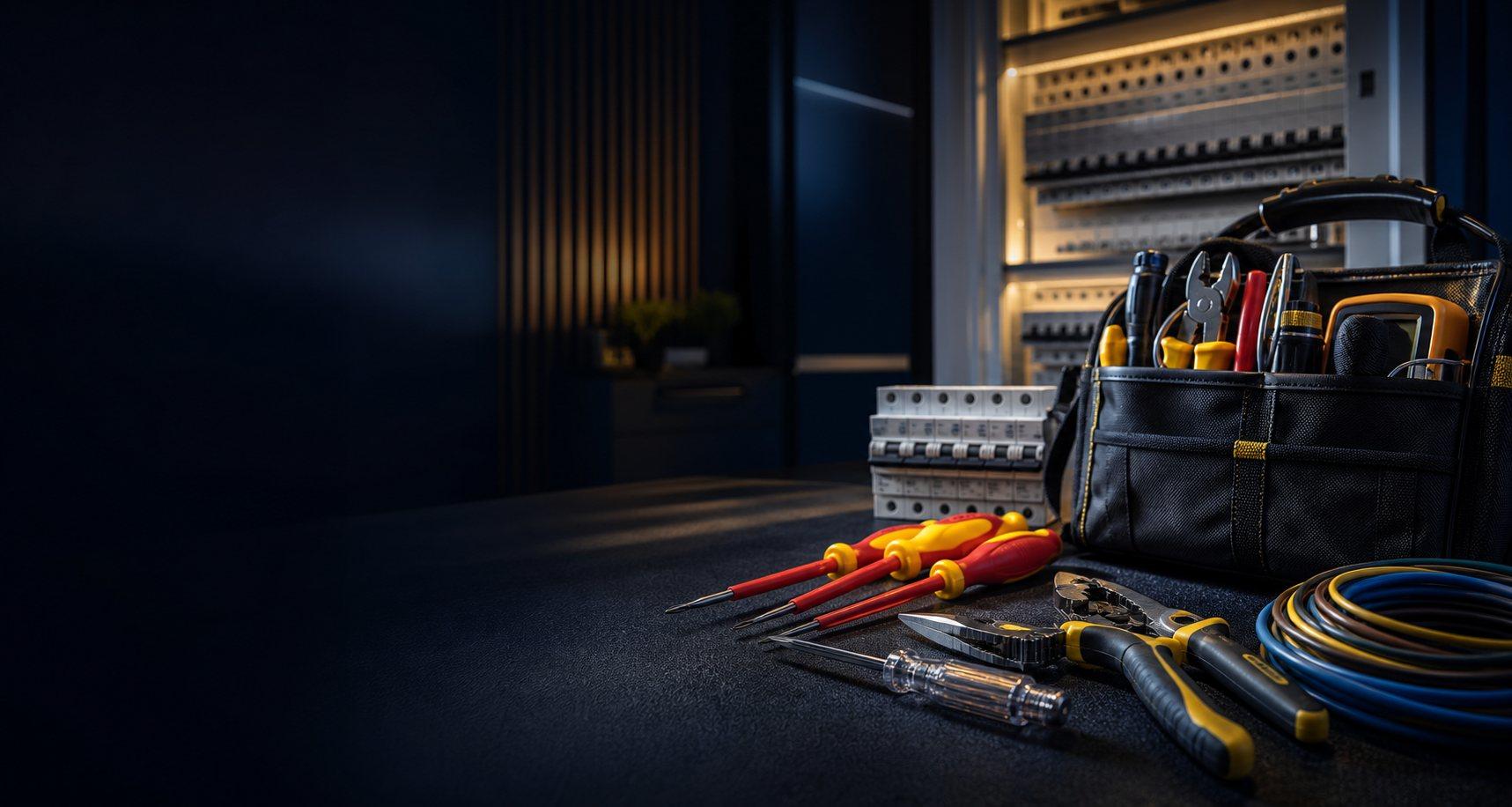 Electrician tools and electrical equipment arranged for repairs